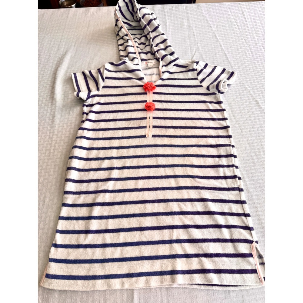 Crewcuts Girls Size 8 Striped Terry Cloth Hooded Swim Coverup Dress Blue White